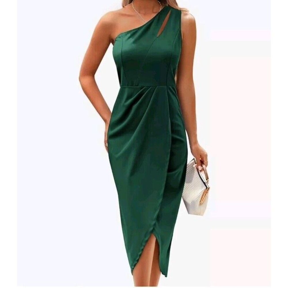 PRETTYGARDEN Green Asymmetrical One‎ Shoulder Ruched Bodycon Midi Cocktail Dress